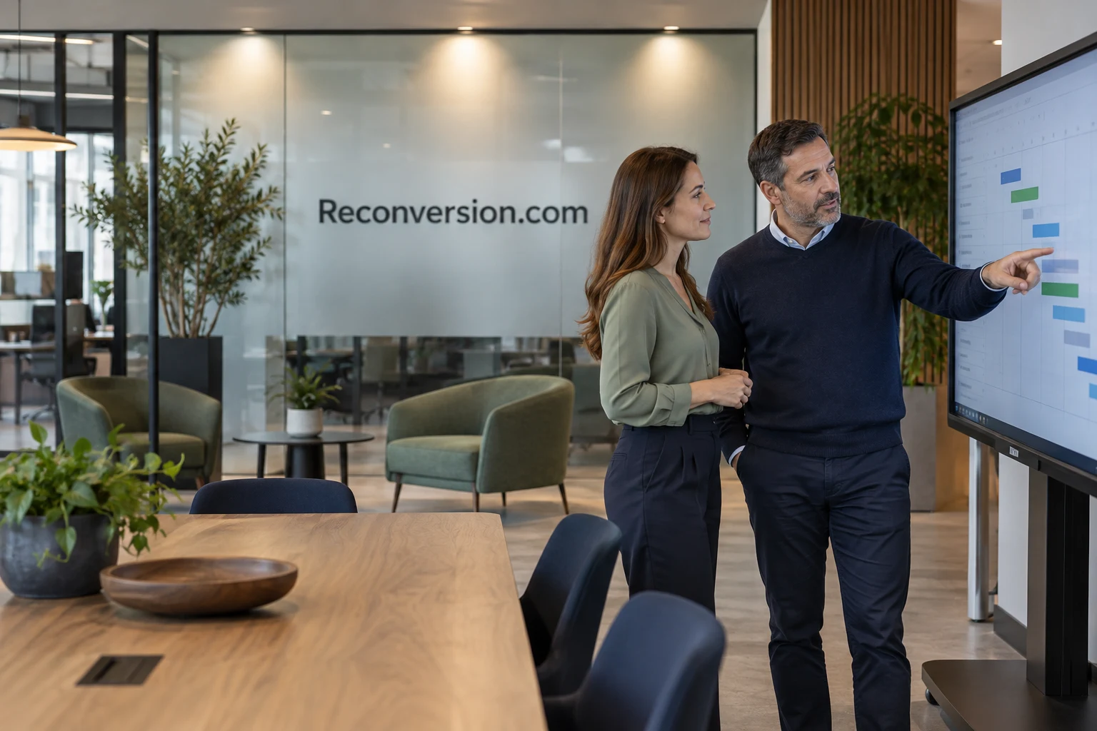 Colleagues discussing a skills and project placement on screen
